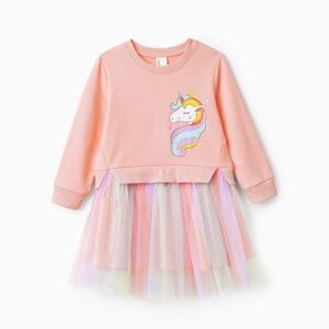 Toddler Girl Sweet Faux-two Unicorn Print Mesh Splice Fairy Dress